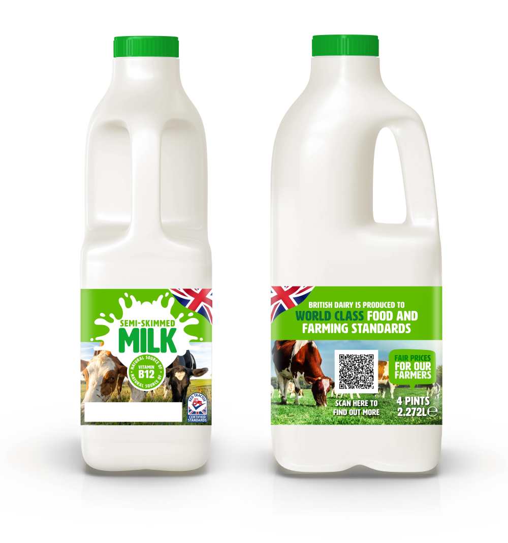 Milk bottle with green top, pictures of cows grazing and farming messaging